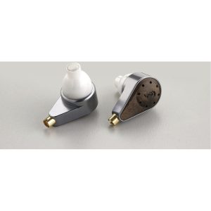 Pair of in-ear monitor earphones with metal and wood shells, white silicone tips, and gold-plated detachable connectors.