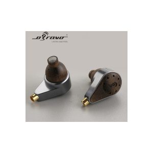 Braven in-ear headphones with wooden earpieces, silver metal housings, and gold-plated nozzles.