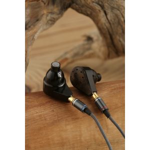 Detachable-cable in-ear monitor earphones with black housings, metal mesh nozzles, gold connectors, blue and red left-right rings.