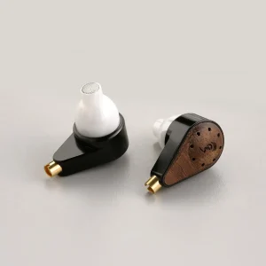 Pair of black in-ear monitors with gold nozzles, one white silicone tip, and brown leather faceplate.