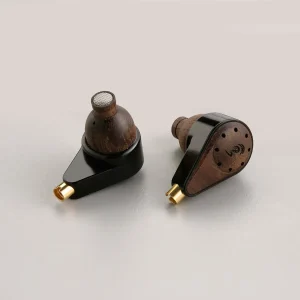 Wooden-shell in-ear monitors with black housing, gold nozzle tips, and vented circular face.