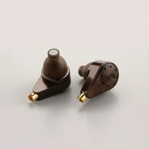 Brown plastic in-ear monitor earphones with gold 2-pin connectors, mesh-covered nozzles, and vented back housing.