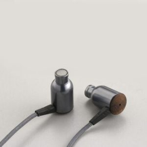 Pair of braided-cable in-ear headphones with metal housings; one earpiece has a wooden end cap.