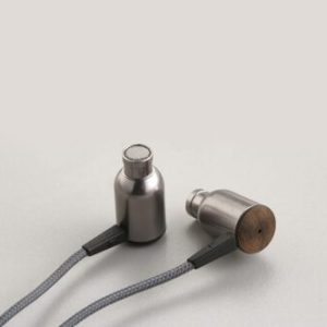 Metal in-ear headphones with braided gray cable and wooden end cap on one earbud