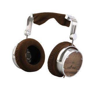 Over-ear headphones with brown suede padding, wood veneer ear cups, and silver metal adjustable headband.