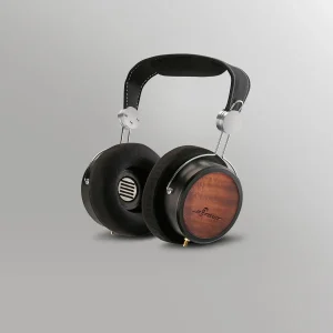 Over-ear headphones with wooden ear cups, black padding, and a metal frame.