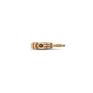 Gold-plated banana plug connector with knurled body and red insulating ring for speaker cables