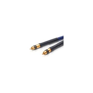 Pair of gold-plated RCA audio cables with black rubber grips and blue sleeves.