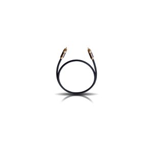 Black dual RCA audio cable with gold-plated connectors, looped into a circle.