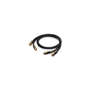 Dual RCA stereo audio cables with gold-plated connectors and black braided jackets.