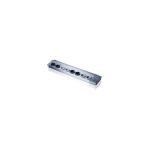 Grey six-outlet power strip with round sockets and a compact control panel at one end.