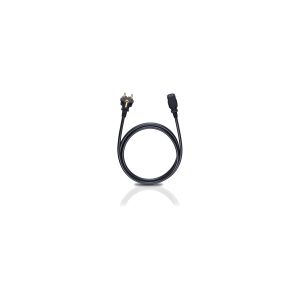 Coiled black power cord with a two-pin plug on one end and a three-pin IEC connector on the other.