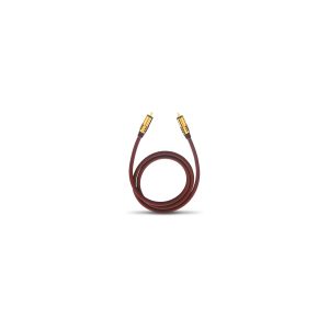 Red RCA stereo audio cable with gold-plated connectors, neatly coiled.