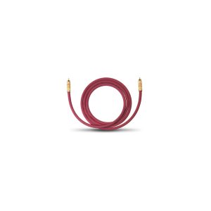 Red coiled stereo audio cable with gold-plated 3.5mm connectors on each end.