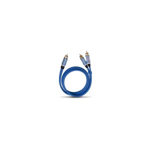 Blue RCA stereo audio cable with gold-plated connectors, coiled and shown against a white background.