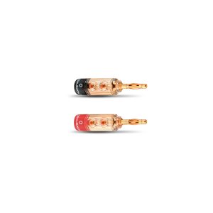 Two copper-colored tattoo needle cartridges with transparent plastic bodies and gold-plated tips, one black-cap, one red-cap.