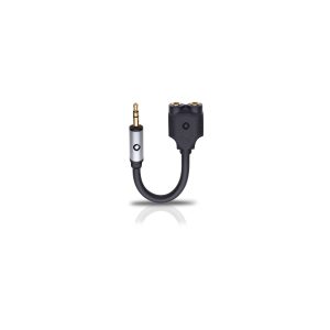 Compact audio splitter cable with gold-plated 3.5mm male plug and two 3.5mm female jacks.