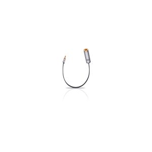 Audio adapter cable with 3.5mm stereo plug on one end and 1/4-inch female jack on the other, metal housing.