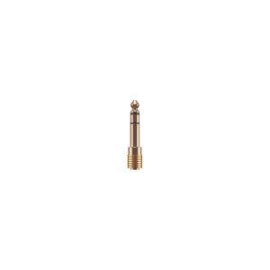 Gold-plated audio jack plug with knurled threaded base and two black rings.
