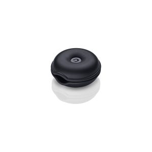 Black circular silicone case with donut shape and central recessed button.