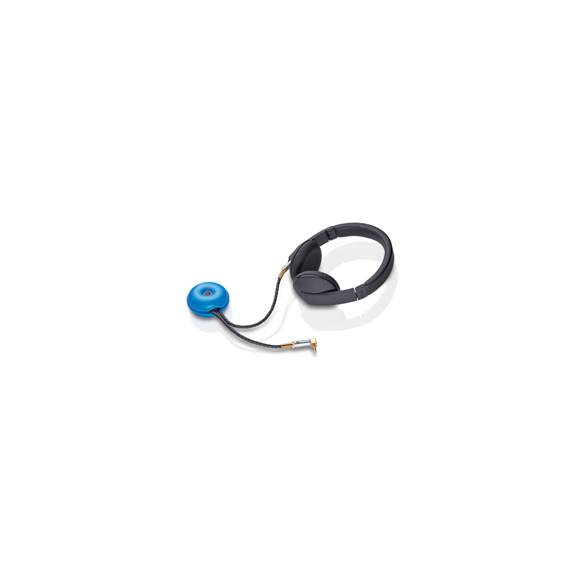 Oehlbach Ob-35025 Over-ear black headphones connected to a blue circular inline adapter via braided cables and gold-plated plugs.