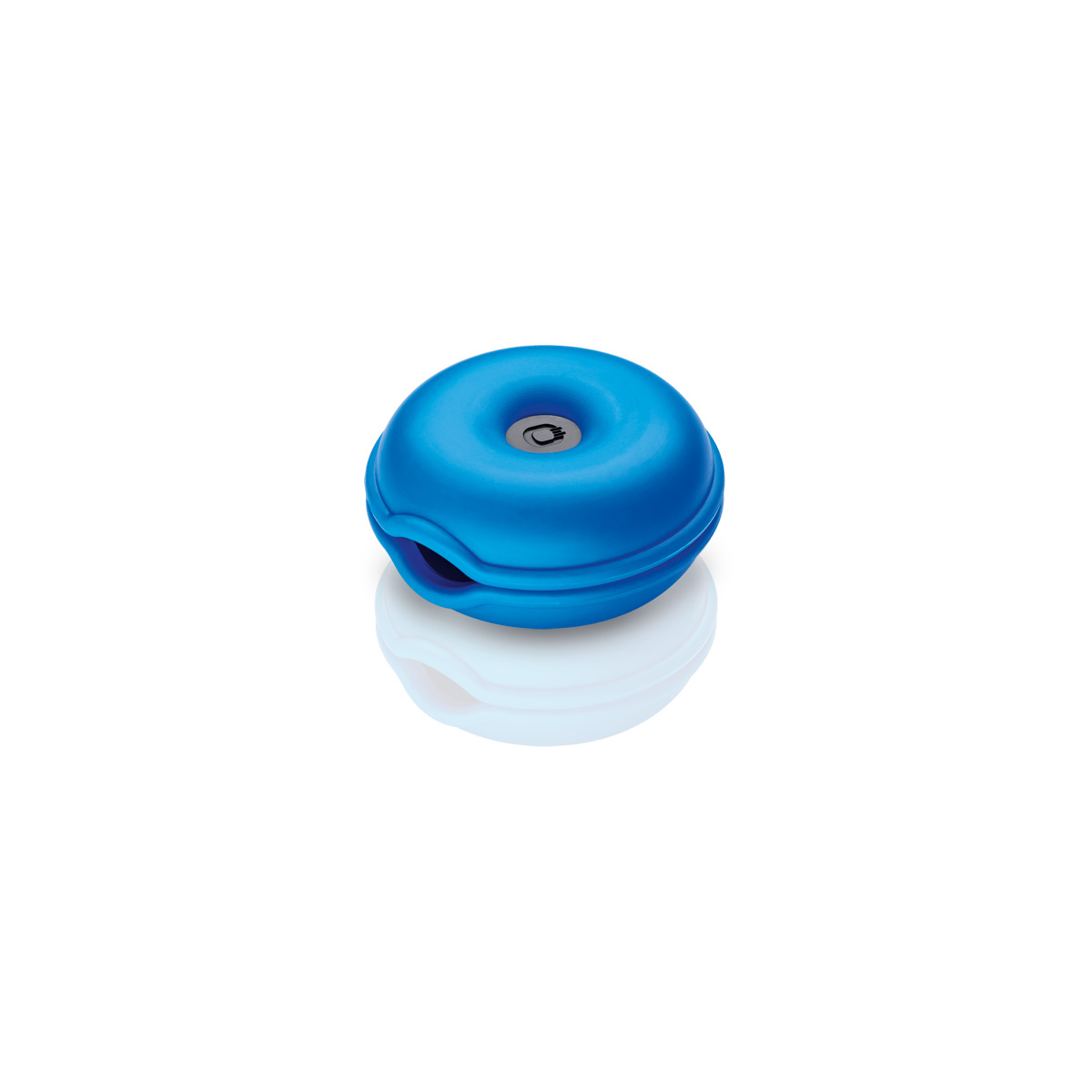 Oehlbach Ob-35025 Blue donut-shaped silicone cable organizer with central power icon and side slot.