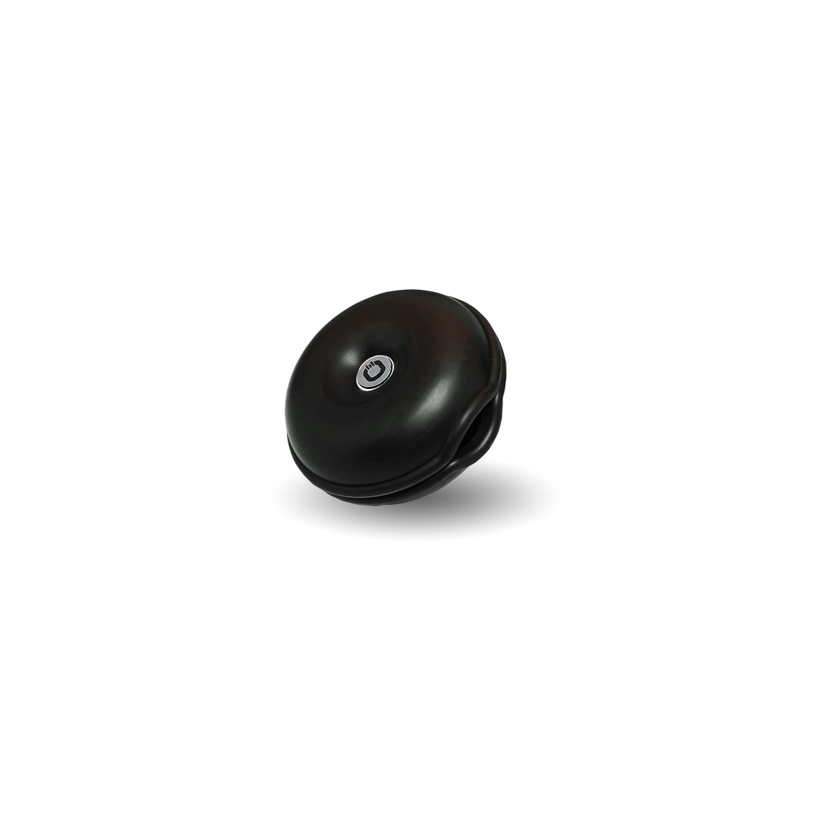 Oehlbach Ob-35025 Black circular wireless earbud with central silver power button, resting on a white background.