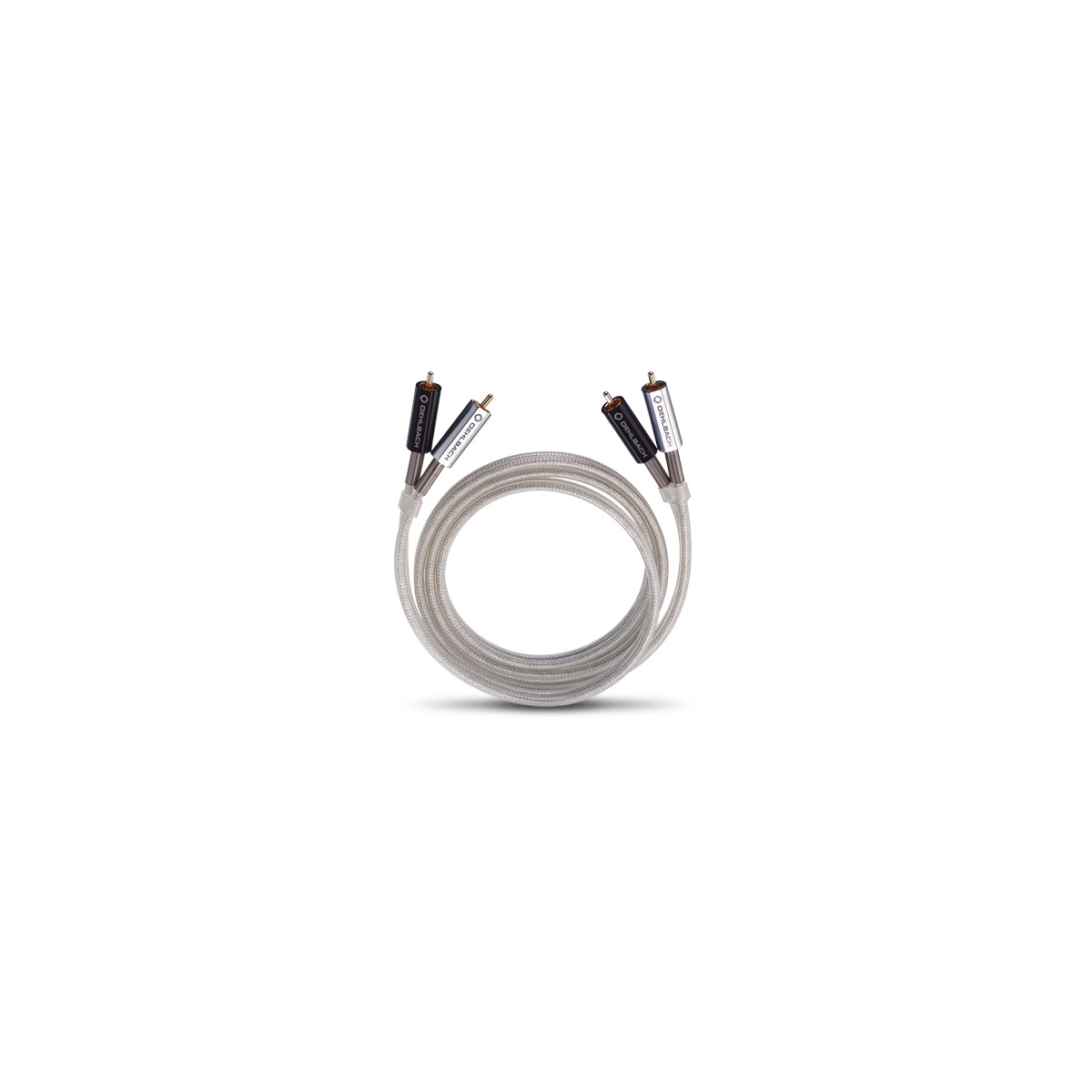 Oehlbach Ob-3902 Dual banana plug speaker cable with a silver braided sheath and black and white plug housings.