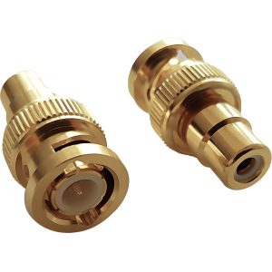 Pair of gold-plated RF coaxial connectors with knurled locking rings and visible center insulators.