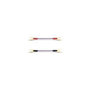 Two speaker cables with gold fork connectors and red and black plastic sleeves.