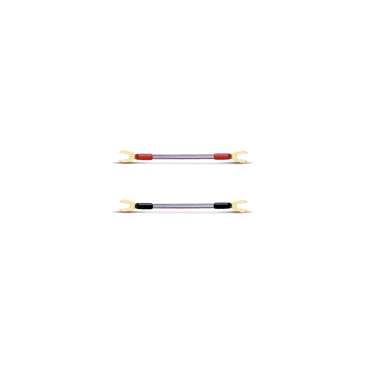 Oehlbach Ob-5005 Two speaker cables with gold fork connectors and red and black plastic sleeves.