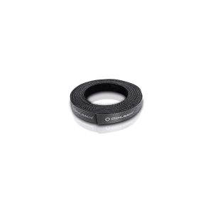 Coiled black bicycle handlebar tape with textured surface and white branding.