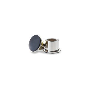 Chrome cufflink with dark blue round enamel face and cylindrical backing.