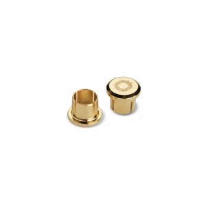 Gold-plated jewelry clasp components: hollow cylindrical insert and circular cap with engraved logo.