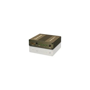 3x1 HDMI switcher with IR input, green status LEDs, and select button in a compact black metal enclosure.