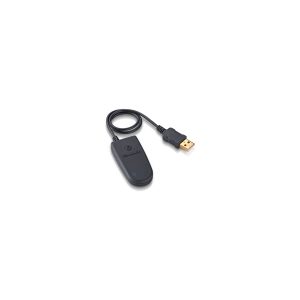 Wireless USB receiver with small oval housing, button, and blue LED indicator.