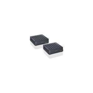 Pair of small black AV extenders with grid-pattern tops, labeled Transmitter and Receiver.
