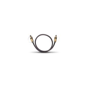 Black flexible audio cable with gold-plated connectors on both ends, looped.