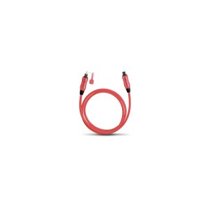 Red coiled stereo audio cable with dual 3.5mm connectors and black strain relief.