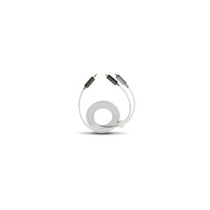 Oehlbach white dual-RCA stereo audio cable with gold-plated plugs and coiled length ending in a white connector.