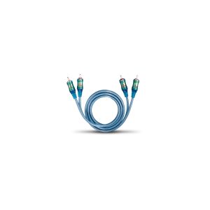 Blue braided dual-RCA stereo audio cable with green connectors and metal tips.