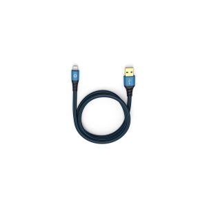 Blue and black USB-A to Lightning charging cable.