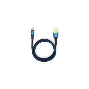 Blue and black braided USB-A to Micro-USB charging cable with a flexible loop.