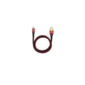 Lightning to USB-A charging cable with a red and black flat braided design.
