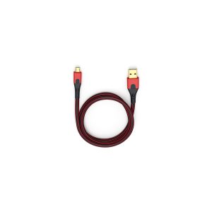 Red and black braided USB-A to Micro-USB charging cable.