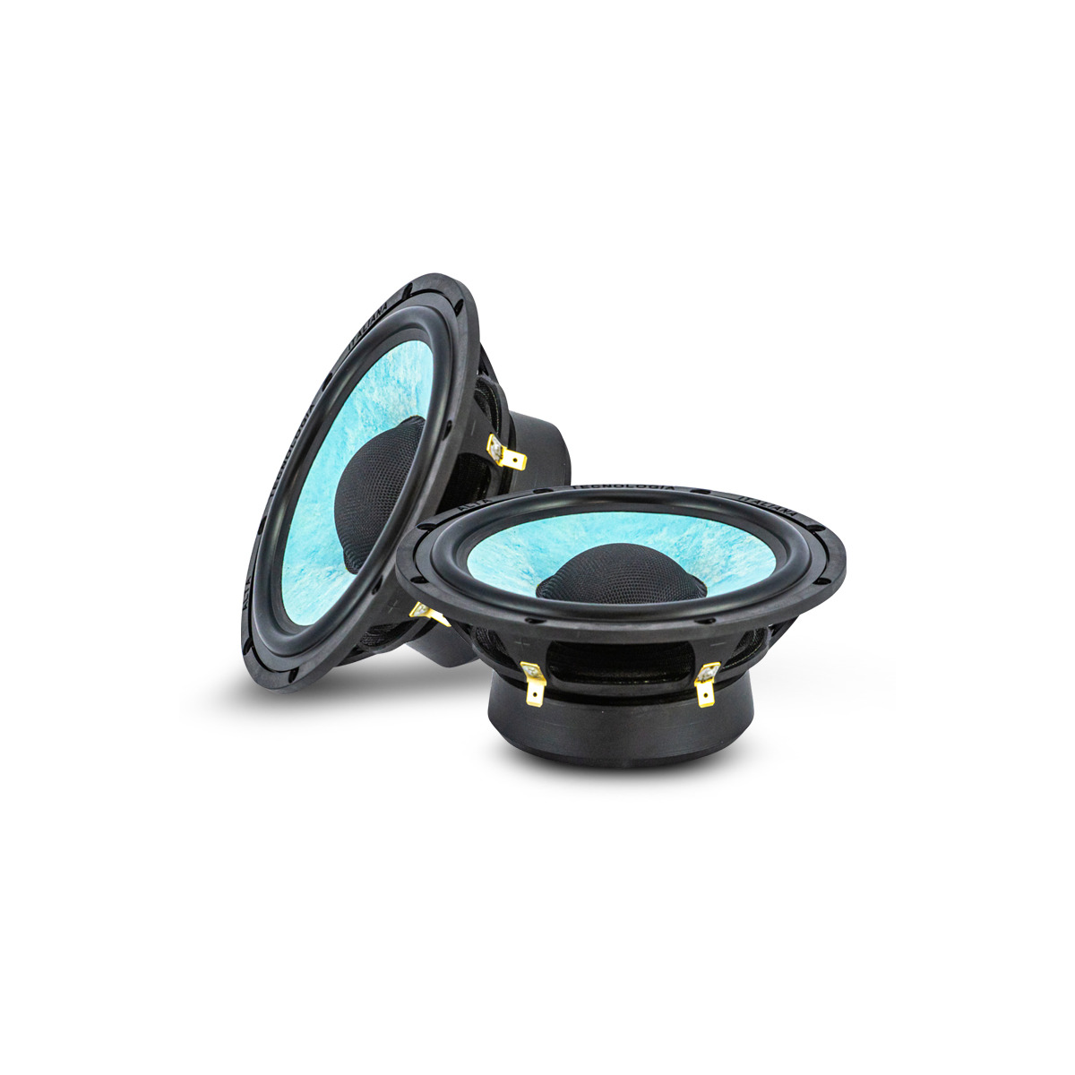 Ati Audio 6.1Cep Pair of turquoise cone car speakers with black frames and gold terminal connectors.