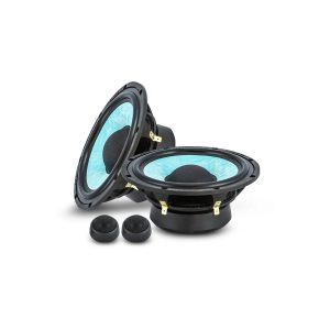 Pair of car speakers with turquoise cones and black surrounds, plus two small circular grilles.
