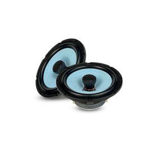 Pair of blue-cone car speakers with black frames and center tweeters.