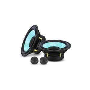 Pair of blue car speakers with black frames and two small satellite tweeters on a white background