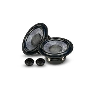 Pair of black car subwoofers with textured gray cones and mesh dust caps, plus two small protective grille covers.
